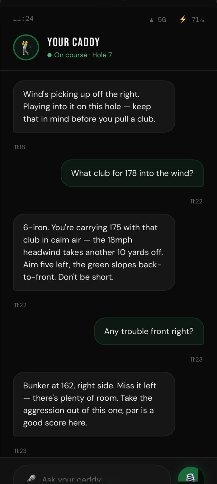 MyCaddi caddy conversation - real-time club advice and course strategy
