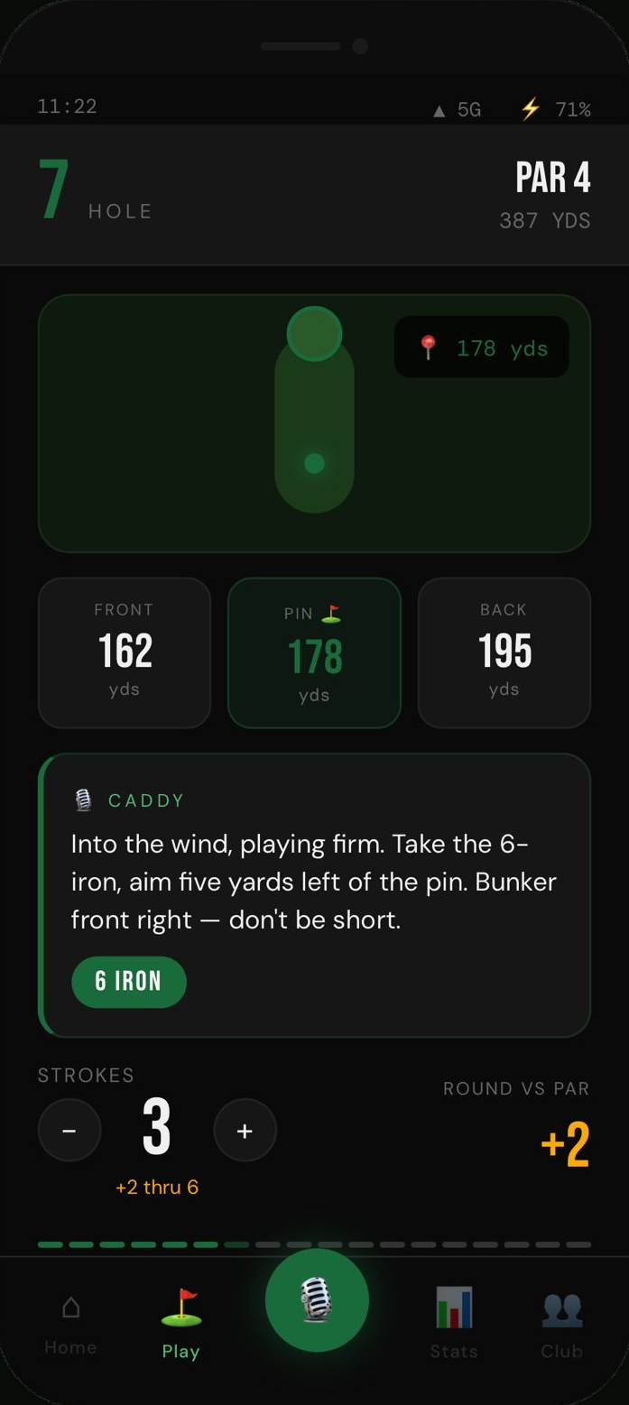MyCaddi hole view with GPS distances, caddy advice, and club recommendation
